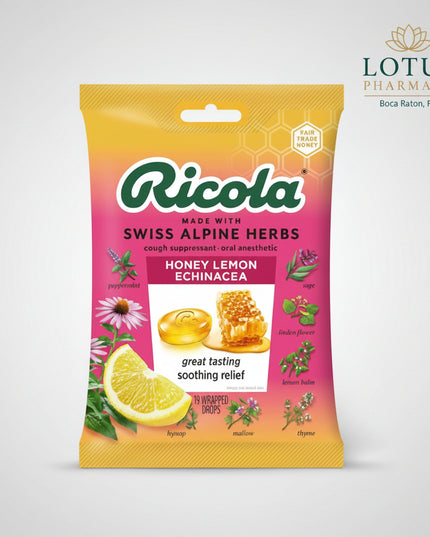 Ricola Honey Lemon with Echinacea Cough Drops combine soothing honey, refreshing lemon flavor, echinacea, Vitamin C, natural menthol, and Ricola’s signature blend of 10 Swiss Alpine herbs.

Made in Switzerland, these herbal cough drops are formulated to soothe coughs and temporarily relieve mild sore throat irritation while delivering Ricola’s distinctive honey-lemon herbal flavor. Ricola describes the U.S. formula as containing no artificial ingredients.

The formula combines the warming sweetness of honey