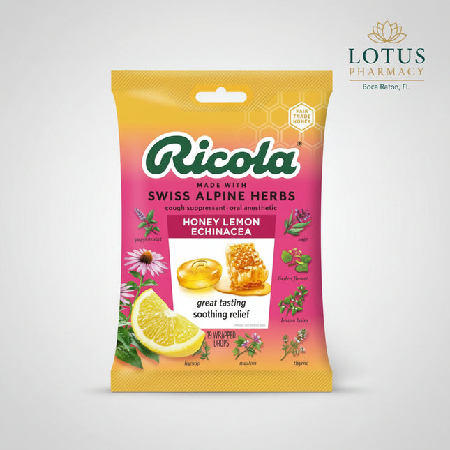 Ricola Honey Lemon with Echinacea Cough Drops combine soothing honey, refreshing lemon flavor, echinacea, Vitamin C, natural menthol, and Ricola’s signature blend of 10 Swiss Alpine herbs.

Made in Switzerland, these herbal cough drops are formulated to soothe coughs and temporarily relieve mild sore throat irritation while delivering Ricola’s distinctive honey-lemon herbal flavor. Ricola describes the U.S. formula as containing no artificial ingredients.

The formula combines the warming sweetness of honey