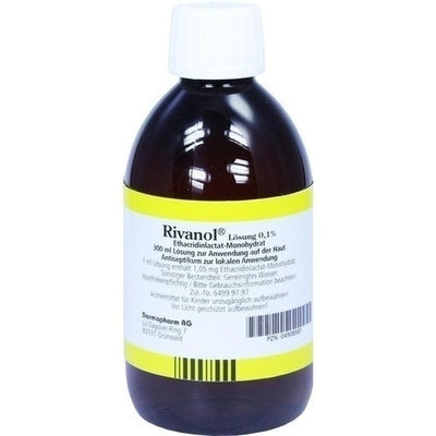 Bottle of Rivanol with a yellow label on a white background