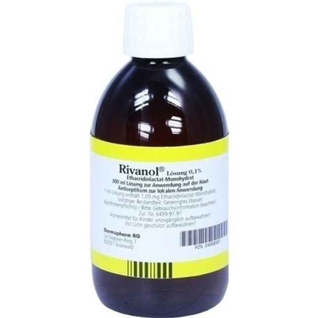 Bottle of Rivanol with a yellow label on a white background