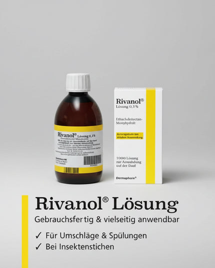 Rivanol Solution 0.1% contains ethacridine lactate 0.1%, a topical antiseptic traditionally used for skin cleansing and wound hygiene. The ready-to-use liquid formulation is suitable for external application to help maintain skin cleanliness and support proper wound care.