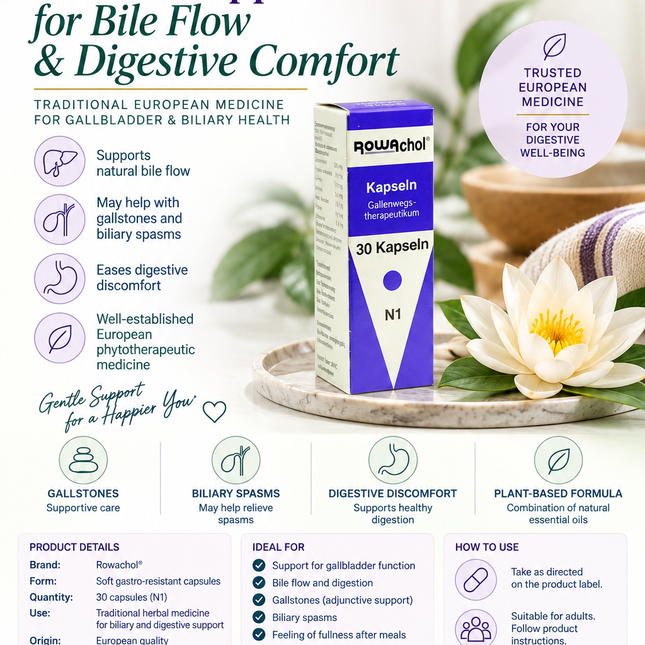 Rowachol® – 30 Soft Gastro-Resistant Capsules | Bile Flow & Gallbladder Medicine for Gallstones, Biliary Spasms & Digestive Discomfort