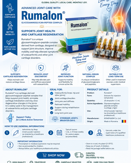 Rumalon® Injection – 1 mL × 25 Ampoules | Glycosaminoglycan-Peptide Complex for Osteoarthritis & Joint Cartilage Disorders