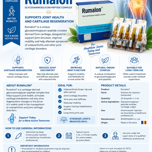 Rumalon® Injection – 1 mL × 25 Ampoules | Glycosaminoglycan-Peptide Complex for Osteoarthritis & Joint Cartilage Disorders