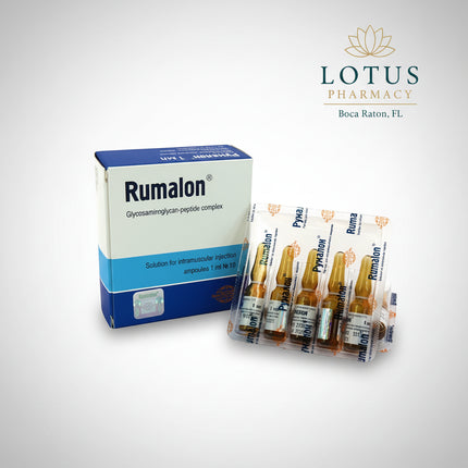 Rumalon® (Румалон) is an intramuscular injectable medicine used for degenerative joint and cartilage disorders, including osteoarthritis of the knee and hip, interphalangeal osteoarthritis, spondylosis, spondyloarthrosis, meniscopathy, and chondromalacia of the patella.

Its active component is a glycosaminoglycan-peptide complex derived from calf costal cartilage and bone marrow. According to the official prescribing information, Rumalon affects cartilage metabolism by supporting the biosynthesis of sulfat