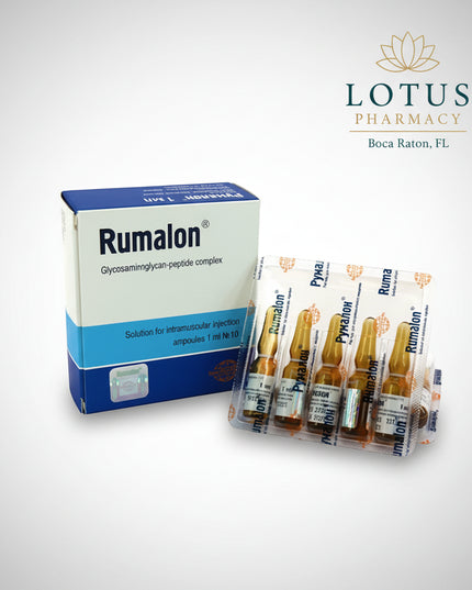 Rumalon® (Румалон) is an intramuscular injectable medicine used for degenerative joint and cartilage disorders, including osteoarthritis of the knee and hip, interphalangeal osteoarthritis, spondylosis, spondyloarthrosis, meniscopathy, and chondromalacia of the patella.

Its active component is a glycosaminoglycan-peptide complex derived from calf costal cartilage and bone marrow. According to the official prescribing information, Rumalon affects cartilage metabolism by supporting the biosynthesis of sulfat
