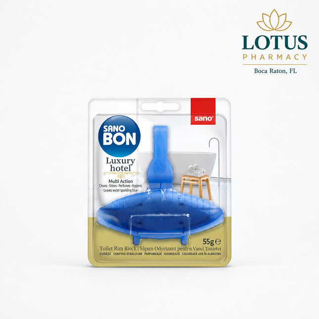 SANO Bon Blue 5 in 1 Luxury Hotel is a solid toilet-bowl cleaner and freshener designed to provide continuous cleaning and fragrance with every flush. It helps clean, shine, freshen, hygienize, and color the water blue, while also helping prevent limescale buildup.