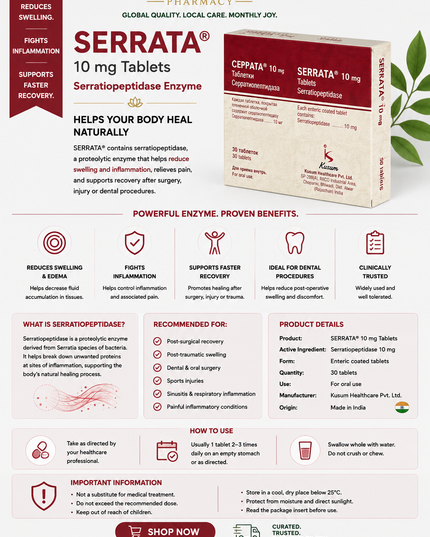 A detailed informational infographic for Serrata 10 mg Tablets by Lotus Pharmacy, featuring product details, benefits, recommended uses, and how-to instructions on a white background with red and green accents.
