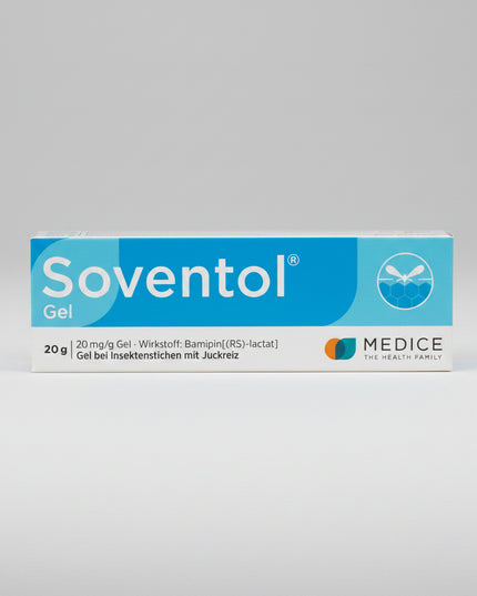 SOVENTOL® Gel is a German pharmacy antihistamine gel specially formulated to quickly relieve itching, redness, swelling, and discomfort caused by insect bites and mild allergic skin reactions. The gel contains Bamipin Lactate, a topical antihistamine that begins working rapidly and provides long-lasting relief.

Its cooling, non-greasy formula is easy to apply and suitable for the whole family, including young children. The pleasant cooling effect helps reduce the urge to scratch, minimizing further skin ir