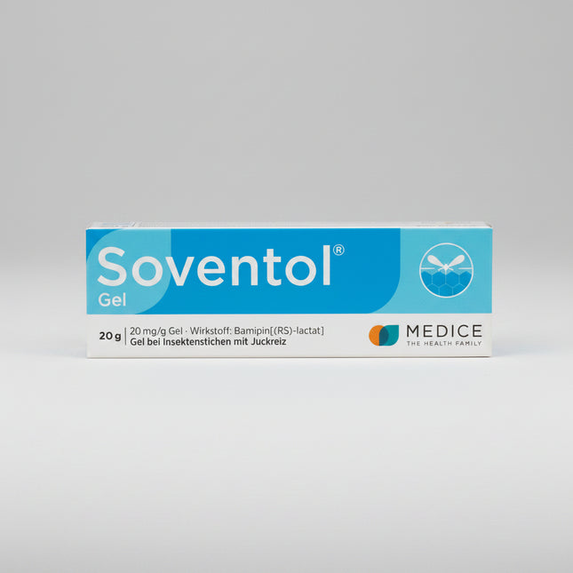SOVENTOL® Gel is a German pharmacy antihistamine gel specially formulated to quickly relieve itching, redness, swelling, and discomfort caused by insect bites and mild allergic skin reactions. The gel contains Bamipin Lactate, a topical antihistamine that begins working rapidly and provides long-lasting relief.

Its cooling, non-greasy formula is easy to apply and suitable for the whole family, including young children. The pleasant cooling effect helps reduce the urge to scratch, minimizing further skin ir