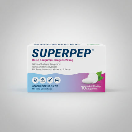 SUPERPEP® Travel Chewing Gum Dragees 20 mg is a medicated chewing gum formulated to help prevent and relieve nausea and vomiting associated with motion sickness. Each chewing gum contains 20 mg of dimenhydrinate, an antihistamine with antiemetic properties. The chewing gum format provides a convenient, water-free option for use while traveling by car, plane, train, or boat. It is suitable for adults and children 6 years of age and older.