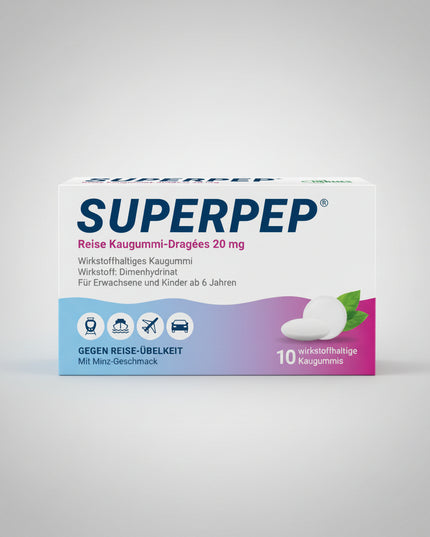 SUPERPEP® Travel Chewing Gum Dragees 20 mg is a medicated chewing gum formulated to help prevent and relieve nausea and vomiting associated with motion sickness. Each chewing gum contains 20 mg of dimenhydrinate, an antihistamine with antiemetic properties. The chewing gum format provides a convenient, water-free option for use while traveling by car, plane, train, or boat. It is suitable for adults and children 6 years of age and older.