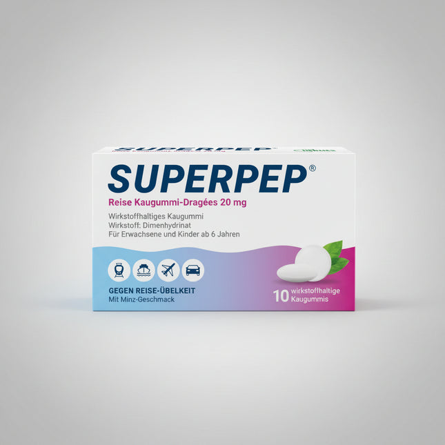 SUPERPEP® Travel Chewing Gum Dragees 20 mg is a medicated chewing gum formulated to help prevent and relieve nausea and vomiting associated with motion sickness. Each chewing gum contains 20 mg of dimenhydrinate, an antihistamine with antiemetic properties. The chewing gum format provides a convenient, water-free option for use while traveling by car, plane, train, or boat. It is suitable for adults and children 6 years of age and older.