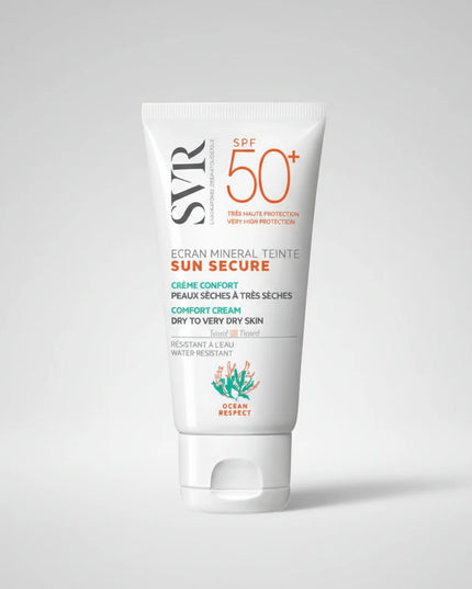 SVR Sun Secure Écran Minéral Teinté SPF50+ is very high, 100% mineral facial sun protection specially formulated for dry to very dry, sensitive, and intolerant skin. Made in France, this fragrance-free sunscreen provides broad-spectrum protection while delivering a naturally unified, velvety complexion.background