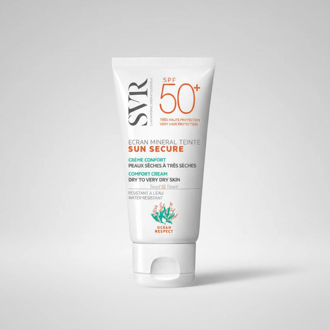 SVR Sun Secure Écran Minéral Teinté SPF50+ is very high, 100% mineral facial sun protection specially formulated for dry to very dry, sensitive, and intolerant skin. Made in France, this fragrance-free sunscreen provides broad-spectrum protection while delivering a naturally unified, velvety complexion.background