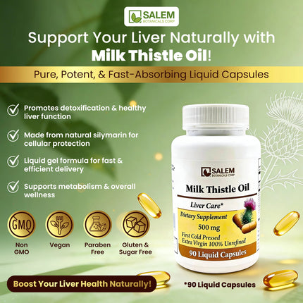 Salem Milk Thistle Oil supplement bottle with product details on a green background