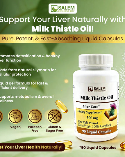 Salem Milk Thistle Oil supplement bottle with product details on a green background