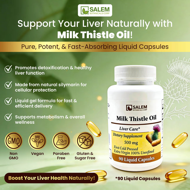 Salem Milk Thistle Oil supplement bottle with product details on a green background