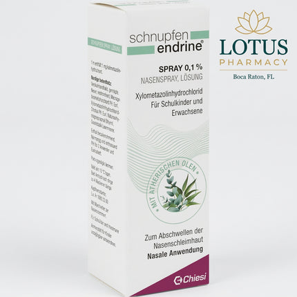 Schnupfen Endrine 0.1% Nasal Spray is a German decongestant nasal medicine containing xylometazoline hydrochloride 1 mg/mL. It is used to reduce swelling of the nasal mucosa in common colds, vasomotor rhinitis, and allergic rhinitis.