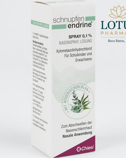 Schnupfen Endrine 0.1% Nasal Spray is a German decongestant nasal medicine containing xylometazoline hydrochloride 1 mg/mL. It is used to reduce swelling of the nasal mucosa in common colds, vasomotor rhinitis, and allergic rhinitis.