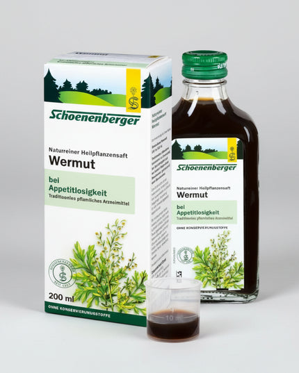 Schoenenberger Wormwood Juice (Wermutsaft) is a traditional pure plant juice made from freshly harvested wormwood herb (Artemisia absinthium). Produced by Schoenenberger in Germany, it offers wormwood in a liquid herbal form without the need to prepare a tea or infusion.