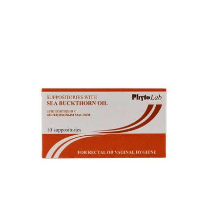 Box of Phyto Lab suppositories with sea buckthorn oil on a white background