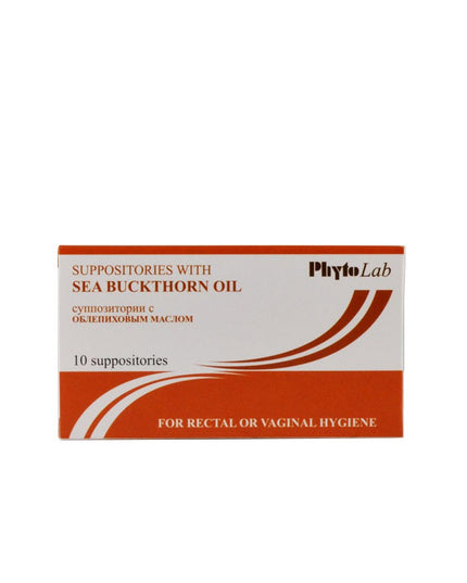 Box of Phyto Lab suppositories with sea buckthorn oil on a white background