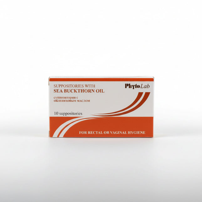 Box of Phyto Lab suppositories with sea buckthorn oil on a white background