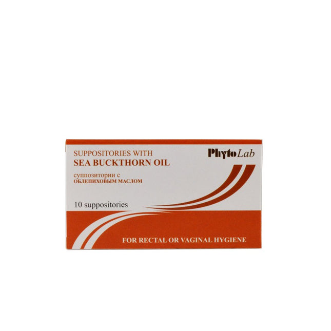 Box of Phyto Lab suppositories with sea buckthorn oil on a white background