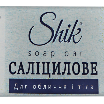 Shik salicylic soap bar packaging with branding and product details.