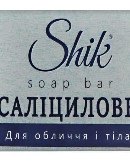 Shik salicylic soap bar packaging with branding and product details.