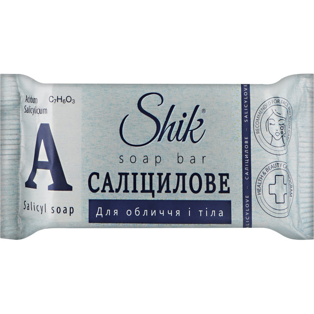 Shik salicylic soap bar packaging with branding and product details.