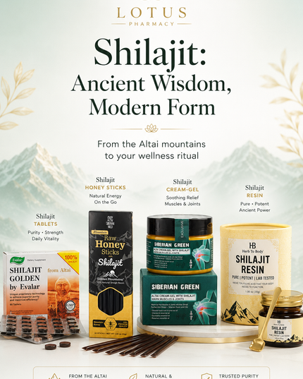 A promotional product collage for Shilajit from Lotus Pharmacy, showing multiple product formats including a honey stick, resin, cream gel, tablets, and a golden jar, arranged on a white surface with decorative botanical elements and mountain artwork in the background.