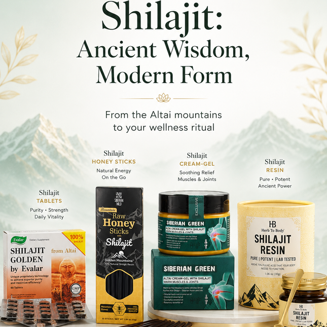 A promotional product collage for Shilajit from Lotus Pharmacy, showing multiple product formats including a honey stick, resin, cream gel, tablets, and a golden jar, arranged on a white surface with decorative botanical elements and mountain artwork in the background.