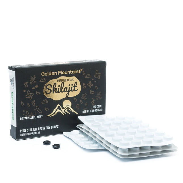 Box of Golden Mountains Shilajit with resin drops on a white background