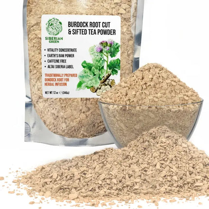 Burdock root tea powder packaging with a clear container of powder and a pile of powder on a white background.