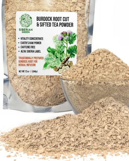 Burdock root tea powder packaging with a clear container of powder and a pile of powder on a white background.