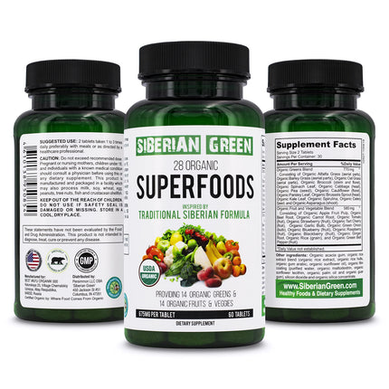 Siberian Green 28 Organic Superfoods 60 Tablets | 14 Greens + 14 Fruits & Veggies Daily Wellness Support