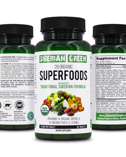 Siberian Green 28 Organic Superfoods 60 Tablets | 14 Greens + 14 Fruits & Veggies Daily Wellness Support