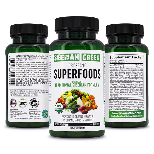 Siberian Green 28 Organic Superfoods 60 Tablets | 14 Greens + 14 Fruits & Veggies Daily Wellness Support