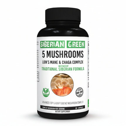 Siberian Green
5 Mushrooms
Five Mushroom Complex
Functional Mushrooms
Mushroom Blend
Mushroom Supplement
Dietary Supplement
Vegan
Non-GMO
Herbal Supplement
Wellness
Immune Support
Brain Health
Cognitive Support
Memory Support
Focus Support
Stress Support
Adaptogen
Antioxidant
Natural Wellness

Ingredient Tags