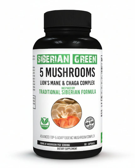 Siberian Green
5 Mushrooms
Five Mushroom Complex
Functional Mushrooms
Mushroom Blend
Mushroom Supplement
Dietary Supplement
Vegan
Non-GMO
Herbal Supplement
Wellness
Immune Support
Brain Health
Cognitive Support
Memory Support
Focus Support
Stress Support
Adaptogen
Antioxidant
Natural Wellness

Ingredient Tags