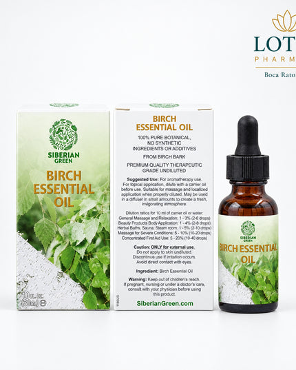 Siberian Green Birch Essential Oil is a 100% undiluted aromatherapy oil intended for use in diffusers, sauna and steam-room rituals, massage blends, baths, and home fragrance. Siberian Green currently lists this product as Birch Essential Oil, 30 mL / 1 fl oz, undiluted, therapeutic grade.
