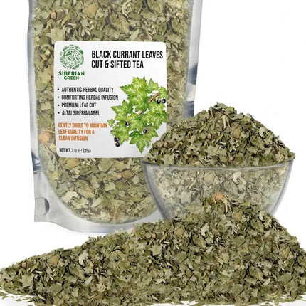 Dried black currant leaves in a clear bowl and packaging with a label on a white background