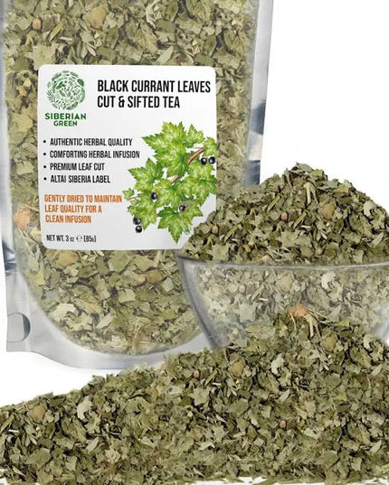 Dried black currant leaves in a clear bowl and packaging with a label on a white background