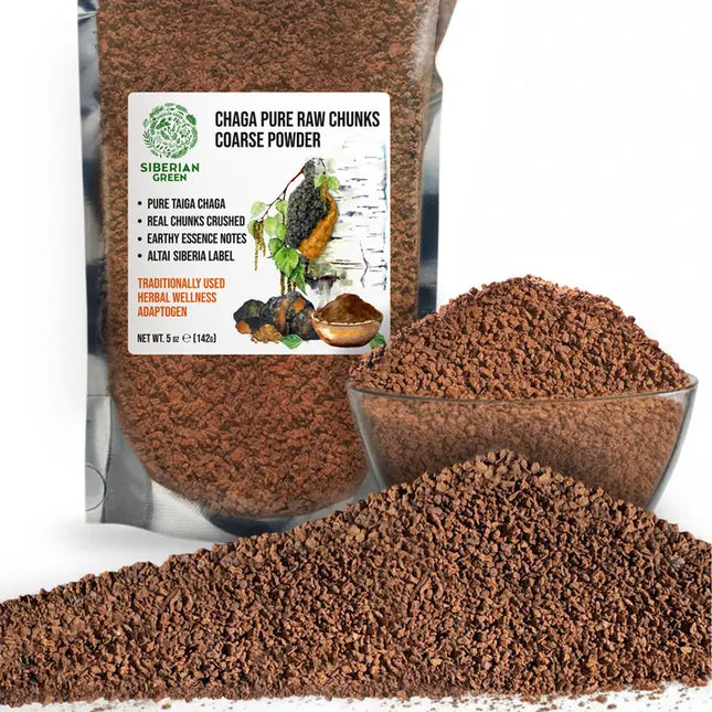 Chaga pure raw chunks coarse powder packaging with open container showing powder