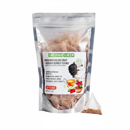 Discover the natural benefits of Siberian Green Chaga Tea with Rosehip Berries, a premium herbal infusion combining wild-harvested Chaga mushroom with vitamin-rich rosehip berries in a balanced 50/50 blend.

Sourced from the pristine Altai region of Siberia, this caffeine-free tea is naturally rich in antioxidants and has traditionally been enjoyed to support overall wellness and vitality. Its comforting flavor makes it an excellent choice for both a refreshing morning beverage and a soothing evening tea.