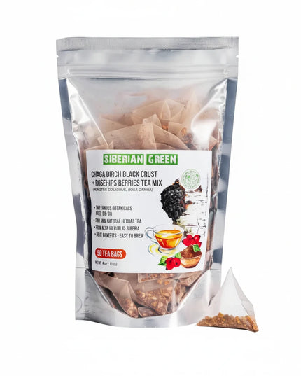 Discover the natural benefits of Siberian Green Chaga Tea with Rosehip Berries, a premium herbal infusion combining wild-harvested Chaga mushroom with vitamin-rich rosehip berries in a balanced 50/50 blend.

Sourced from the pristine Altai region of Siberia, this caffeine-free tea is naturally rich in antioxidants and has traditionally been enjoyed to support overall wellness and vitality. Its comforting flavor makes it an excellent choice for both a refreshing morning beverage and a soothing evening tea.
