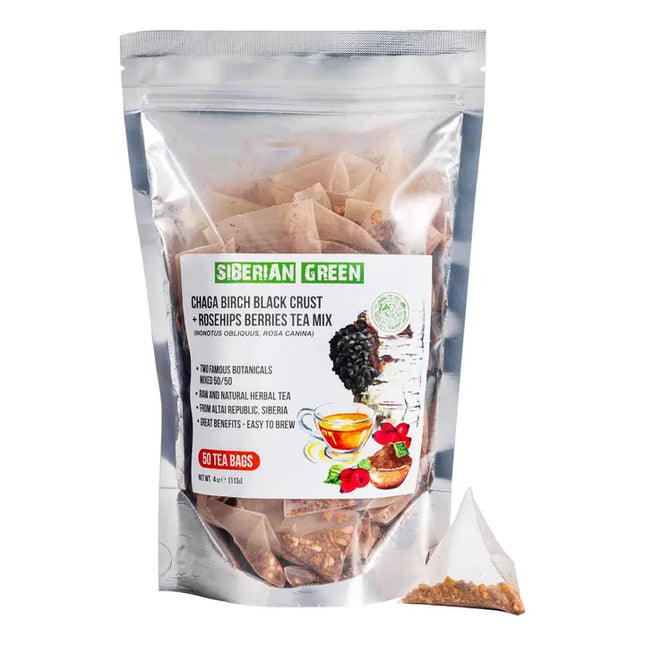 Discover the natural benefits of Siberian Green Chaga Tea with Rosehip Berries, a premium herbal infusion combining wild-harvested Chaga mushroom with vitamin-rich rosehip berries in a balanced 50/50 blend.

Sourced from the pristine Altai region of Siberia, this caffeine-free tea is naturally rich in antioxidants and has traditionally been enjoyed to support overall wellness and vitality. Its comforting flavor makes it an excellent choice for both a refreshing morning beverage and a soothing evening tea.