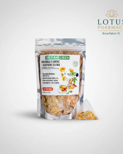 Siberian Green Eleuthero Root &amp; Calendula Flower Tea is a naturally caffeine-free herbal blend combining Eleuthero root (Siberian ginseng) with soothing Calendula flowers.
